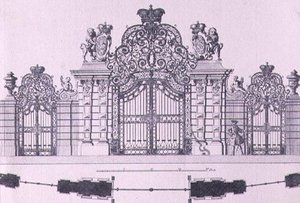Plano e elevação dos portões de entrada para o Schloss Belvedere em Viena provavelmente desenhado por Johann George Oegg c.1725, gravado por Johann August Corvinus (1683-1738)